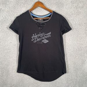 Harley-Davidson Women's Black Mesh Lace Accent Crossover Tee T-Shirt Small
